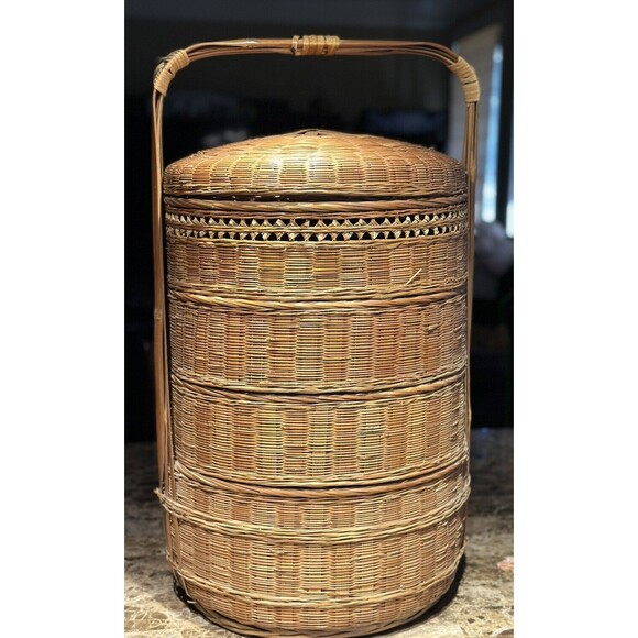Vintage Chinese 4-Tier Wedding Basket With Lid Woven Bamboo